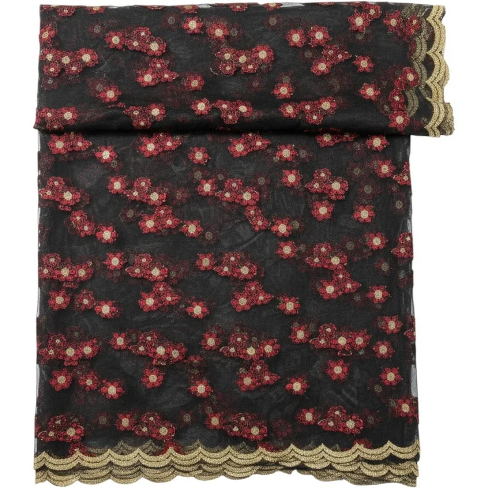 Black Mesh Dupatta Red Gold Floral Embroidered Scarf Scalloped Lace Border 90x40